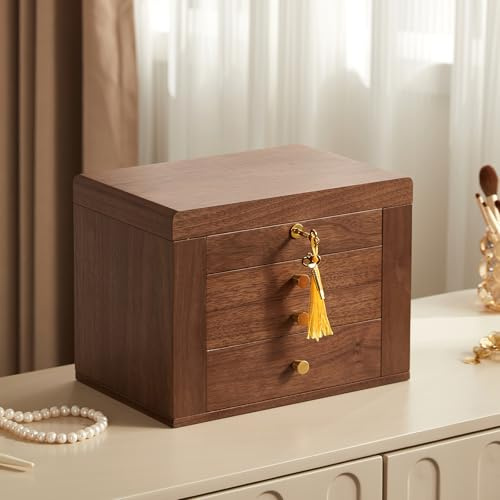 Homruilink Portagioie con Serratura in Noce Nera, Organizzatore di Gioielli in Legno a 4 Livelli Grande per Donne, con 2 Porte Laterali e Specchio, Regalo per Lei
