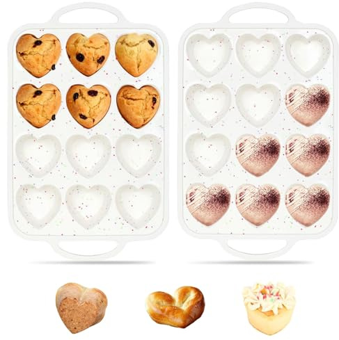 LZEXIN Pop-up Mini Muffin Tray Silicone, 2pcs 24 Cups Non-Stick Mini Muffin Tins with Handle and Metal Reinforced Frame, BPA-Free Heart-Shaped Silicone Mould Bakeware Pan Reusable for Baking Cupcakes