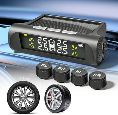 BAIFULAI Sistema di controllo della pressione degli pneumatici TPMS: IPX7 impermeabile sistema di controllo della pressione degli pneumatici con 4 sensori esterni, digitale a energia solare, mini