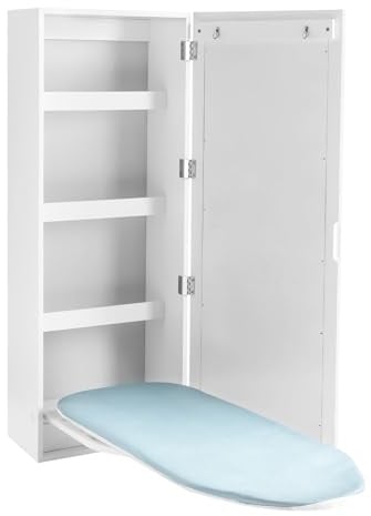 Armadio da stiro a parete con specchio, bianco, 35,6 x 20,6 x 95,3 cm