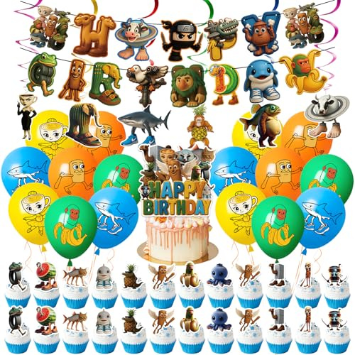 48PCS Birthday Decorations, Cartoon Party Decorations Happy Birthday Banner Latex Balloon Hanging Swirls Cake Topper Decoration Cartoon Theme Party Supplies for Kids Boys Girls