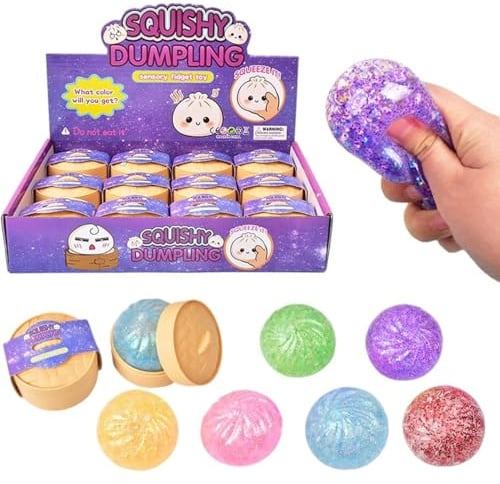 Gnocchi Glitterati Squish-y: 12 Pezzi Panini morbidi e comprimibili a forma di raviolo con vaporiera, Palline antistress colorate a forma di raviolo, perfette come regalo per compleanno