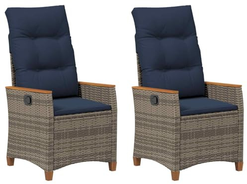 vidaXL Verstellbarer Gartenstuhl 2 pcs Grau und Marineblau Poly-Rattan, Verstellbarer Liegestuhl, abnehmbare Kissen, Rattansitz, modernes Gartensofa, perfekt für Terrasse und Garten