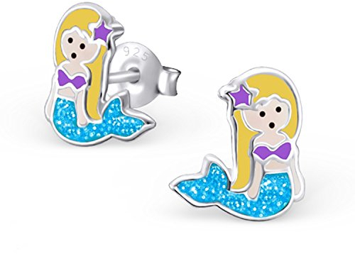 Glitzer Blau Meerjungfrau Ohrstecker 925 Echt Silber Ohrringe Mädchen Kinder (Blau)