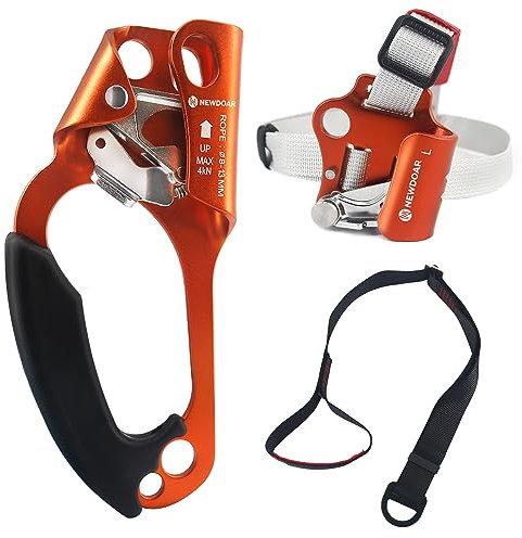NewDoar UIAA & CE Certified Hand Ascender Rock Climbing Tree Arborist Rappelling Gear Equipment Rope Clamp for 8~13MM Rope-Set Left Orange