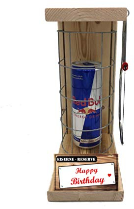 Red Bull - Eiserne Reserve HB - Red Bull incl. Säge - Gitter - lustiges witziges Geburtstag Geschenk, Geschenkidee für Mann und Frau, Geschenke zum Geburtstag
