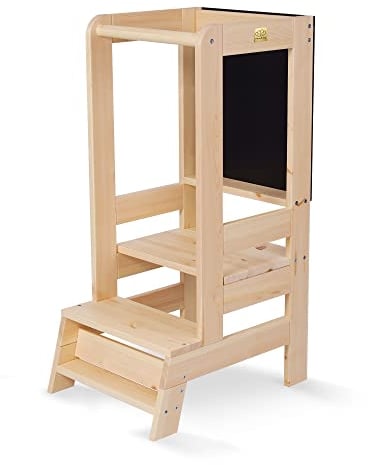 MEOWBABY Torre de Aprendizaje con una Pizarra Montessori Ayudante de Cocina para Niños Taburete de Madera Taburete Asistente de Cocina Estantes Ajustables, Natural