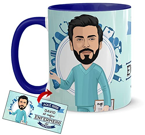 Kembilove Tazas Desayuno con Caricaturas Personalizadas y Nombre – Tazas de café Personalizadas Aquí bebe el Mejor Enfermero del Mundo – Regalos originales Profesiones