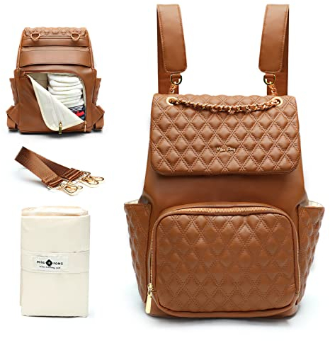 MISS FONG Wickeltasche Wickelrucksack Windeltasch Unterweg Wickelunterlage & Kinderwagen Haken Rucksack Braun
