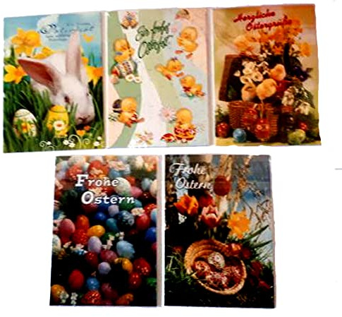 Neu Osterkarten 5 Stück Set Postkarten zur Osterzeit Grußkarten Osterhase Ostereier Kücken Ostern, Bunt