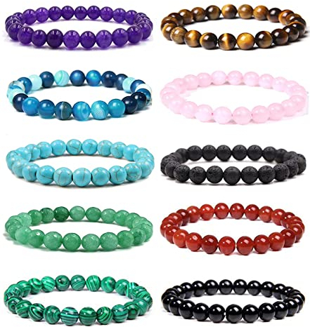 10Pièces Bracelet Pierre Naturelle Lithotherapie pour Hommes Femme Améthyste Quartz Rose Bead Elastique Oeil de Tigre Perles Lave Bracelet