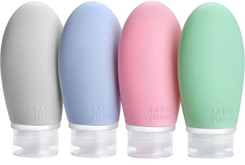 Opret 4 Stück 100ml Silikon Reiseflaschen Set mit Etiketten, Auslaufsicher Nachfüllbare Leer Reisegröße Behälter Reiseflaschen zum befüllen Kosmetik Shampoo Flüssigkeiten, BPA-frei und TSA-Geprüft