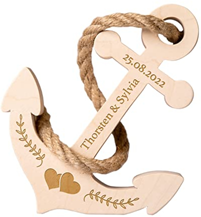 Geschenke 24 Holz-Anker personalisiert zur Hochzeit oder Jahrestag | mit Wunschnamen, Wunschdatum und Herzen | mit Gravur | Schiffsanker | maritimes Dekogeschenk |