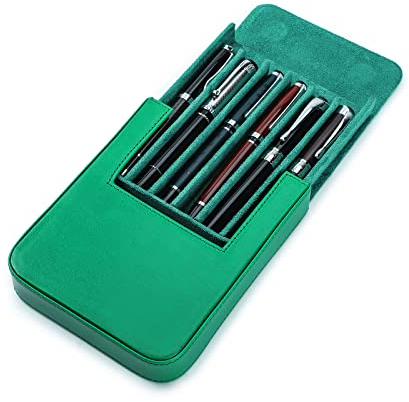 Hiram Leder-Füllfederhalter-Etui für 6 Stifte, Tragbare Leder-Stift-Aufbewahrungsbox mit Verstecktem Magnetischem Schnappverschluss-Design (Grün)