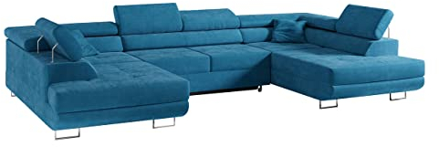 MKS MEBLE Sofa Blau Wohnzimmer - Wohnlandschaft - U-Form Couch mit Schlaffunktion - Schlafsofa mit Bettkasten - Wohnzimmer U Couch - Polstersofa mit Bettkasten - Gustaw U Blau Kronos