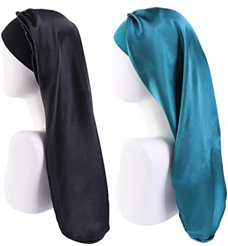 LadayPoa Lange Satin Schlafmütze, 2 Stück Große Schlafmützen für Frauen, Extra Große Schlafmütze mit Breites Elastisches Band, Weich und Bequem