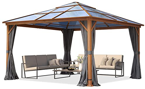 TOOLPORT Garden gazebo 4x4 m hardtop polycarbonate roof, wood finish, 4 side panels in grey