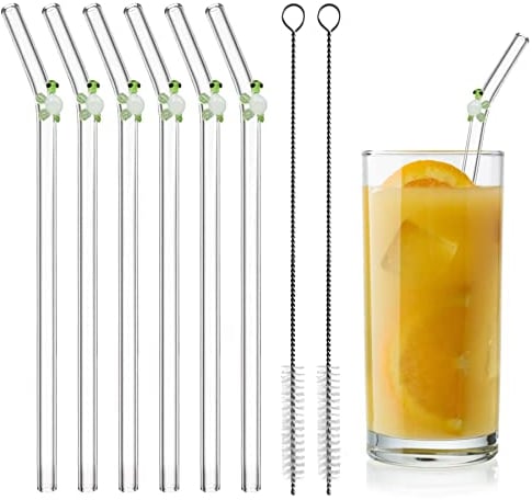 Glass Straws Reusable Drinking Straws, Set of 6 with 2 Cleaning Brushes, with Little Turtle, Shatter Resistant Straws with Design, Curved Design for Smoothies, Cocktails, and Beverages