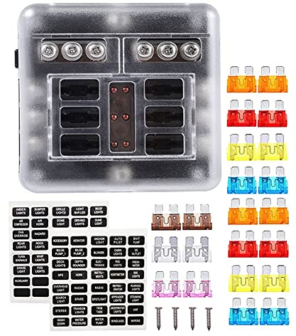 Cenlin 12-V-Sicherungsblock, Wasserdichtes -Sicherungsfeld mit LED-Warnanzeige, Sichere Abdeckung, 6 Stromkreise mit Negativem Bus-Sicherungskasten