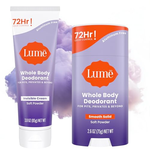 Lume Deodorant für den ganzen Körper, unsichtbare Creme, 72-Stunden-Geruchskontrolle, frei von Aluminium, frei von Biskarbonat, sicher für die Haut, 100 ml Tube und 6,6 g fester Stick