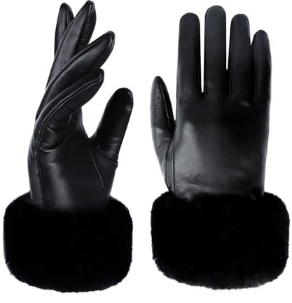 Yicorgard Lederhandschuhe Damen Pelz Leder Handschuhe Winter Warme Handschuhe Schwarz Manschette Touchscreen Fahren Handschuhe, Medium