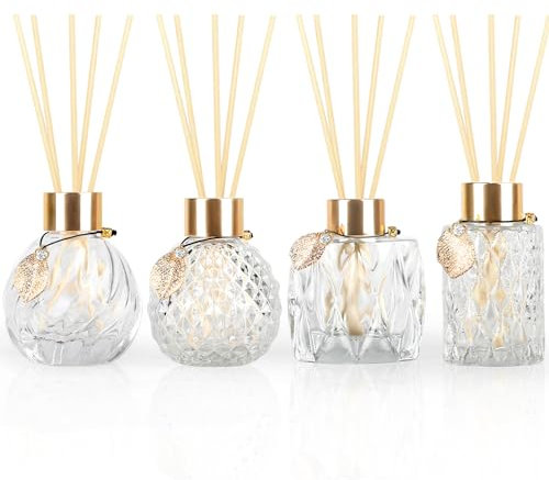 Trifolic 4-Piece Reed Diffuser Set with Metal Golden Decoration, 3.5-4.2oz Empty Bottles and 20 Reed Sticks, Unique Design for Home and Office (4 Different Bottles)