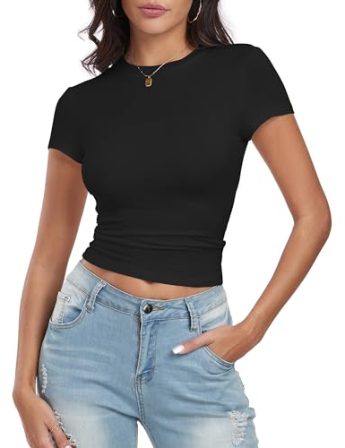 Deaviya Damen T-Shirt, Y2K Oberteile Slim Fit, Basic Tshirt Skims Dupe für Damen, Kurzarm Frauen Streetwear (DE/NL/SE/PL, Alphanumerisch, XXL, Regular, Regular, Schwarz)