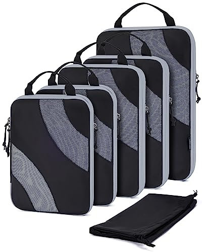 BAGSMART Compression Packing Cubes, 6 Set Travel Cubes for Carry on Suitcases, Compression Cubes for Backpack & Luggage Organisers Bag, Lightweight Packing Organizers, Black