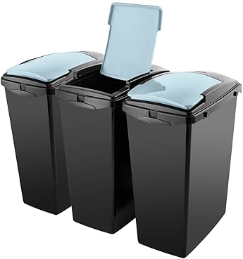 Addis Recycling 40 litre waste kitchen plastic bins, Set of 3, modular system with lift lids, Black with Air Blue