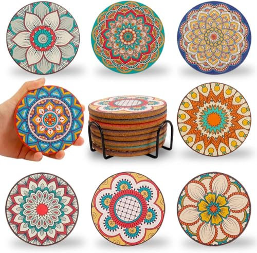 Puluole Lot de 8 dessous de verre en liège pour boissons, dessous de verre avec support, jolis dessous de verre pour table basse, ensemble de dessous de verre bohème pour décoration d'appartement,