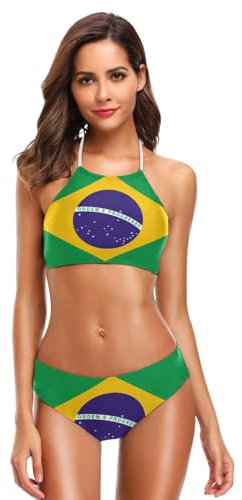 Brazil Flag Womens High Neck Two Piece Padded Bikini Set Swimwear Beachwear Multicoloured