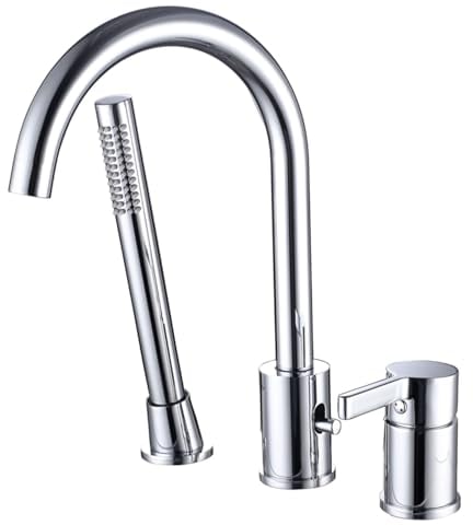 XJTNLB Mischbatterie Badewanne 3 Loch Wannenrandarmatur Chrom Badewannenarmatur mit Handbrause Duscharmatur Einhebelmischer