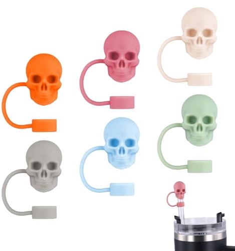 6pcs Skull Straw Covers, Aperture 0.39in Straw Toppers Premium Silicone Halloween Theme Cute Skull Shape Cup Accessories Compatible with Stanley Cup 30&40 oz Glass