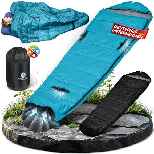 Foris® Mumienschlafsack 3-4 Jahreszeiten | mit exklusiv entwickeltem Belüftungssystem | -10-25°C | Exta lang 80x215cm | Wasserdicht | Outdoor Camping Festivals | Blau, Reißverschluss rechts