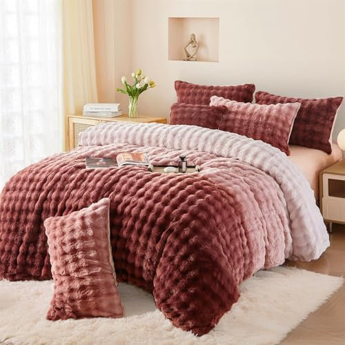 Boqingzhu Plüsch Bettwäsche 135x200cm Alt Rosa Farbverlauf Kuschelig Flauschig Warm Winter Flanell Fleece Bettwäsche Set Kaninchen Kunstfell Bettbezug mit Reißverschluss und Kissenbezug 80x80cm