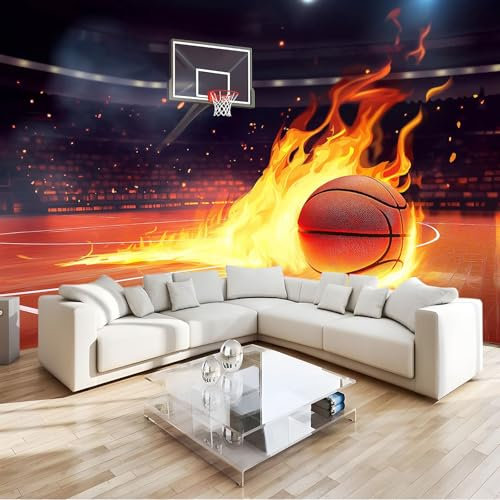 Générique Art Papier Peint Intissé 3D Stade Flammes Basket Muraux Tapisserie Photo Décoration Murale, Papier Peint 200x140 cm Salon Chambre Bureau Couloir Peinture Murale Décor