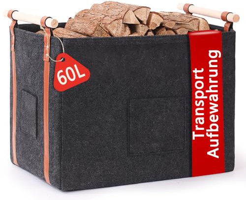 Pynhoklm® Kaminholzkorb 60L Holzkorb für Kaminholz 4mm dicker Filzkorb Brennholzkorb Kaminkorb mit Holzgriff Feuerholzkorb Korb für Kaminholz, Zeitungen, Kleidung für Transport & Aufbewahrung