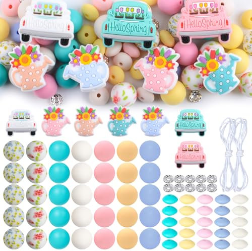 URROMA Silikonperlen-Set, 76-teilig, Frühlings-Thema, Großpackung, Silikon-Perlen, Blumen-Abstandshalter, Perlen für Bastelklassen, Stifte, Halsketten, Schlüsselanhänger, Armbänder, Basteln