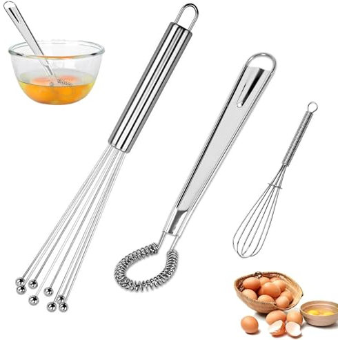 CHENNAN 3 Pieces Mini Whisks, Stainless Steel Kitchen Whisks Set of 3, Portable Stainless Steel Whisks and Whisk with Thick Wire, Flat Spiral Whisks, Spiral Kitchen Whisk (Silver)