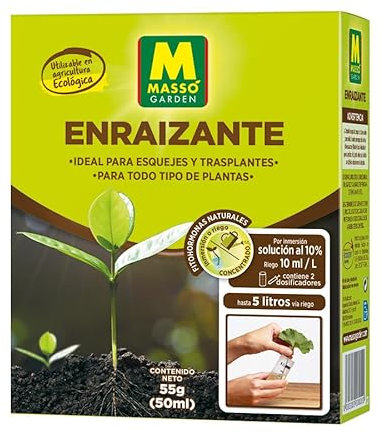 Enraizante 50ml - Masso. Ideal para esquejes y trasplantes. Fitohormonas naturales. Para todo tipo de plantas. Abono liquido con extracto de algas. Inmersion o riego.