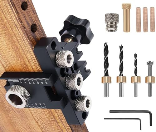 8/10/15mm Gabarit de Perçage, JRISBO Kit de Gabarit de Goujon pour Meubles 3 en 1 Outils de Menuiserie, Réglable Professionnel Bois Gabarit de Percage avec Échelle et Pince