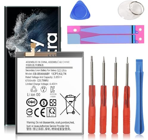 ITMBET Batterie pour Samsung Galaxy S22 Ultra [6700 mAh] Mise à niveau 2024 New 0 cycle EB-BS908ABY Batterie de rechange pour Samsung Galaxy S22 Ultra 5G SM-S908U avec kits d'outils de rechange
