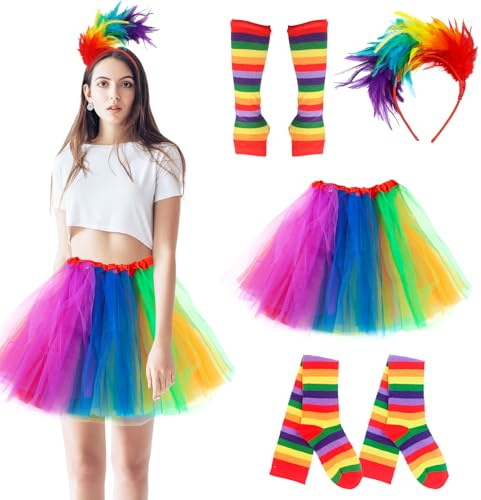 JWTRSVTY 4PCS Regenbogen Damen Kostüm, Karneval Regenbogen Kostüm Damen, mit Regenbogen Tüllrock, Bunte Feder Stirnband, Regenbogen Kniestrümpfe, Fingerlose Handschuhe, für Fasching Cosplay Mottoparty