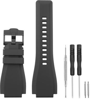 HANYTON Kompatibel mit Bell & Ross Uhrenarmbändern, 24 mm weiches Gummi-Silikon-Ersatzarmband für Bell Ross Watch Serie BR01 BR03, Schwarz, Schwarz-schwarze Schnalle, 24mm