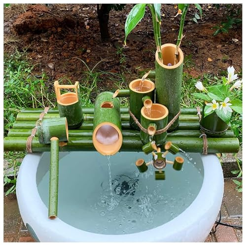 Fontaine en bambou avec jet d'eau - Décoration de jardin d'intérieur avec pompe pour bassin et paysage aquatique de cour