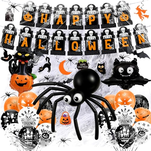 Halloween Deko Set Innen & Außen – Party Set mit Spinnennetz, Spinnen, 3D-Fledermäusen, 18 Ballons, Kürbis Folienballon & Girlande, Halloween Dekoration für Haus, Garten & Party