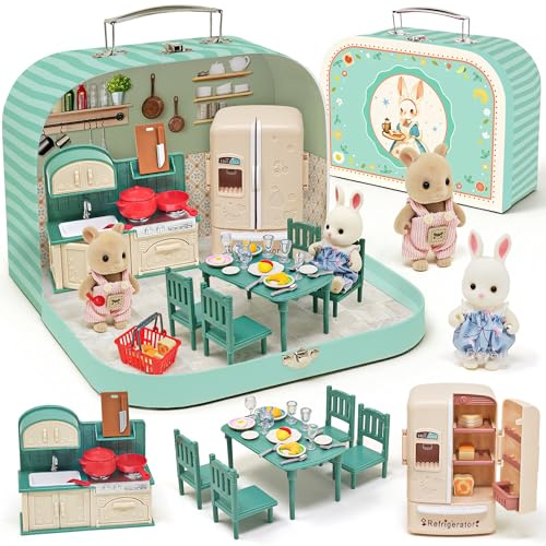 Casa de Muñecas Maleta con Muebles en Miniatura, Casa Miniatura con 2 Muñecas Flexibles, Dormitorio y Muebles de Cocina, Juguete Regalo para Niños y Niñas a Partir de 3 Años