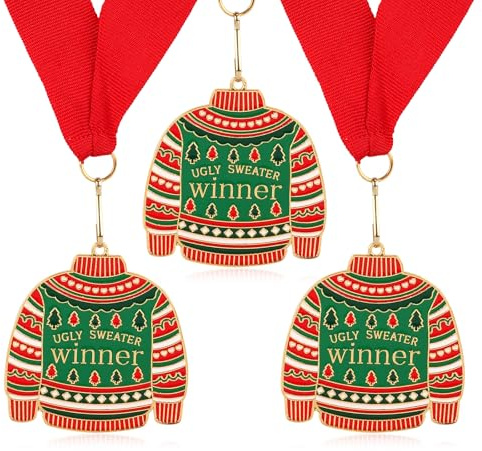 Fukaisu 3stk Weihnachten Hässlicher Pullover Gewinner Medaillen, Lustige Feiertags Party Trophäen Preise Festliche Auszeichnung Weihnachts Party Dekoration für Familie Freunde Büro Kinder