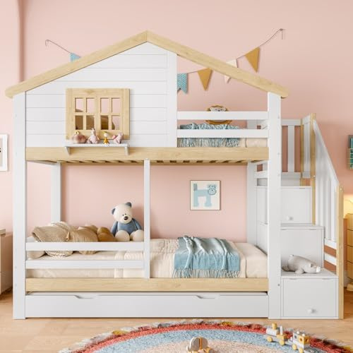 PUGSDRLY Lit Superposé Enfant 90x200cm avec lit gigogne,Lit Mezzanine Enfant 2 Places avec échelle de Rangement,Design de la toiture,Barrière de sécurité,sans Matelas (Blanc+Naturel-C)