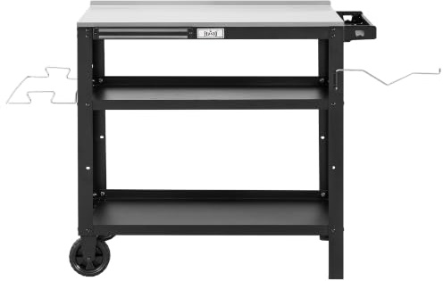 Feasto 31.5x18 Outdoor Grill Cart with Stainless Steel Tabletop, Movable Grill Table with Seasoning Rack & Magnetic Tools Holder, Backyard BBQ Kitchen Food Prep Table for Portable Grill & Pizza Oven